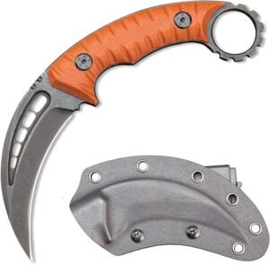 Karambitkniv med fast blad, D2-stål + G10-handtag, klokniv för utomhusbruk med skyddsöverdrag, Edc-verktyg - orange