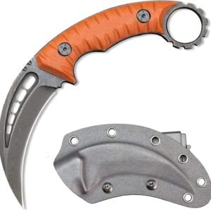 Karambitkniv med fast blad, D2-stål + G10-handtag, klokniv för utomhusbruk med skyddsöverdrag, Edc-verktyg - orange
