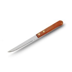 Rostfri stålkniv med tandad rygg och praktiskt trähandtag och plasthandtag